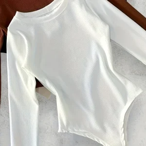 Body Femme côtelé Manches Longues Col Rond Blanc