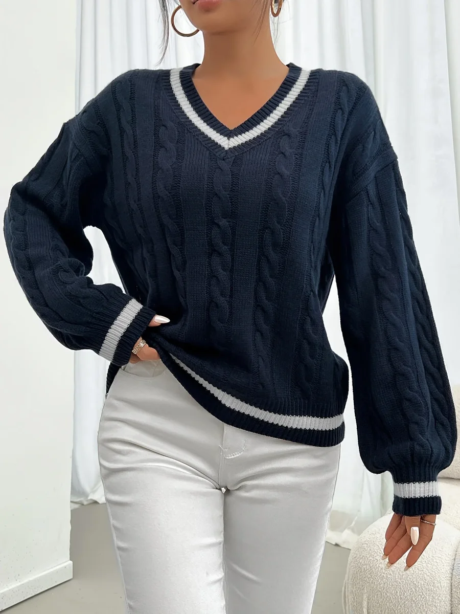 Pull col V torsadé rayé pour femme - Manches longues bouffantes - Imagen 9