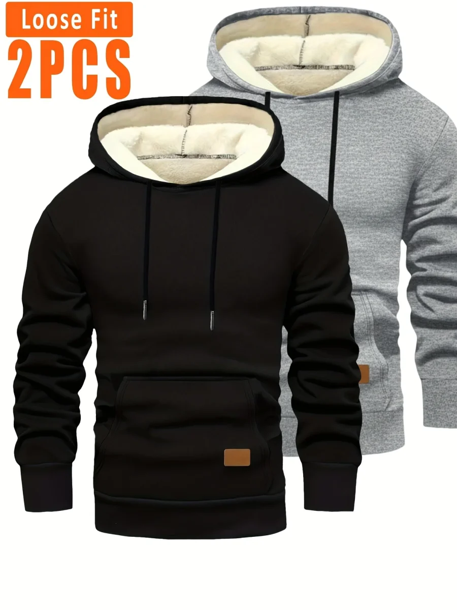 Lot de 2 Hoodies Homme Doublés Polaire Ajustement Ample avec Capuche et Poche Kangourou - Imagen 7