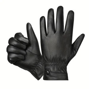 Gants noirs homme à l'aspect cuir, avec poignet élastique et bouton-pression