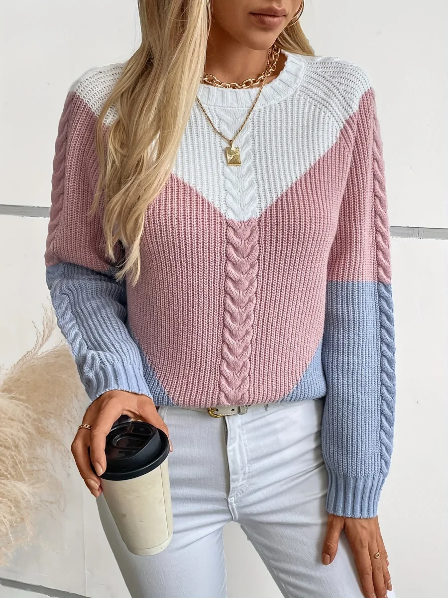 Pull en maille tressée multicolore col rond Femme - Imagen 4