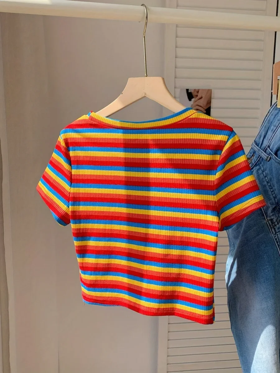 T-shirt rayé à manches courtes pour femme, style décontracté et tendance, parfait pour l'été - Imagen 8