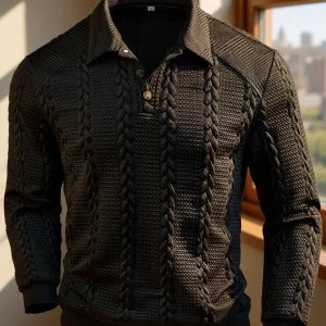 Polo homme tricoté à manches longues noir, col texturé, motif torsadé