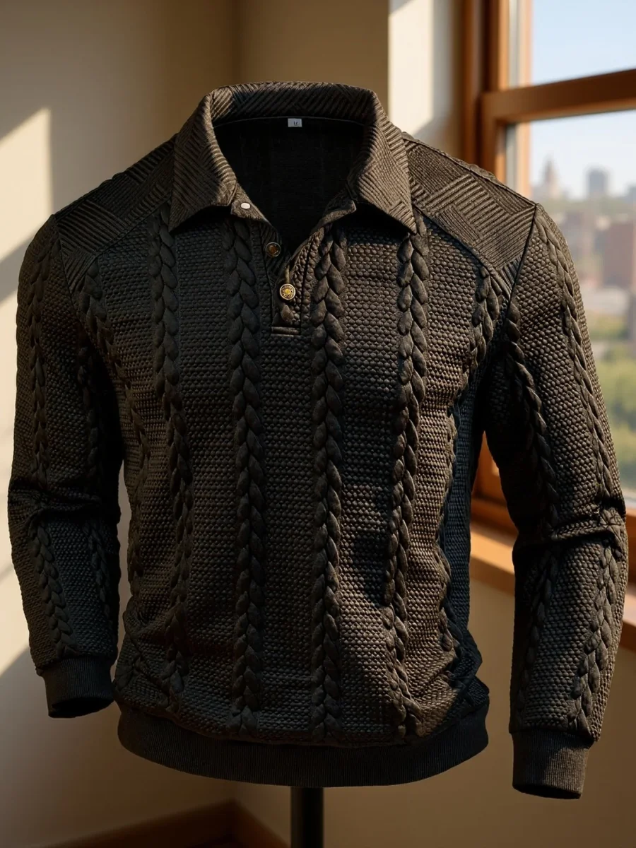 Polo homme tricoté à manches longues noir, col texturé, motif torsadé - Imagen 2