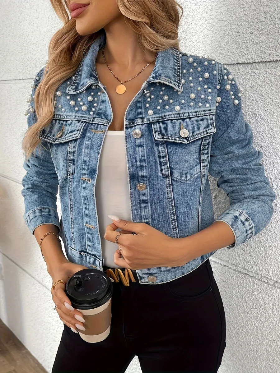 Veste en Jean Femme Bleue Décorée de Perles Manches Longues - Imagen 6