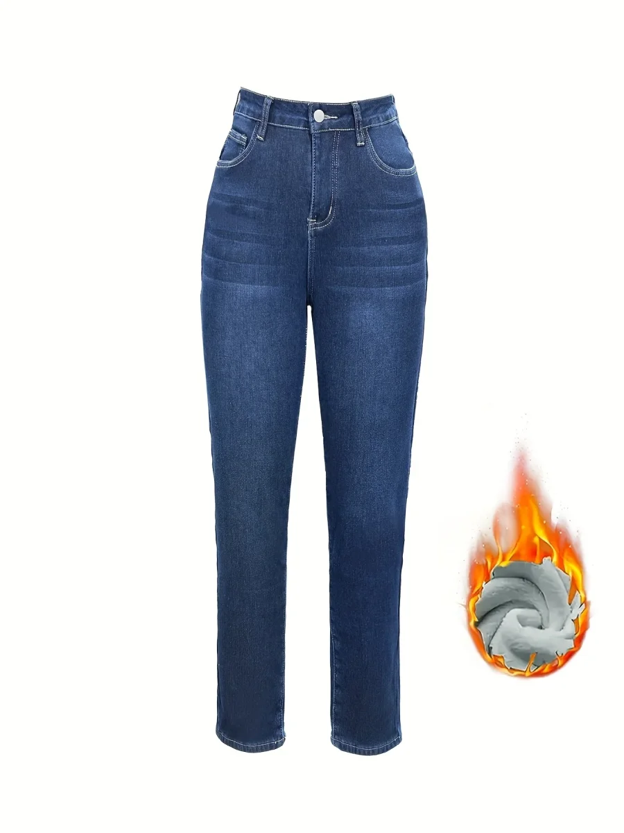 Jean Femme doublé polaire coupe droite bleu foncé chaud - Imagen 6