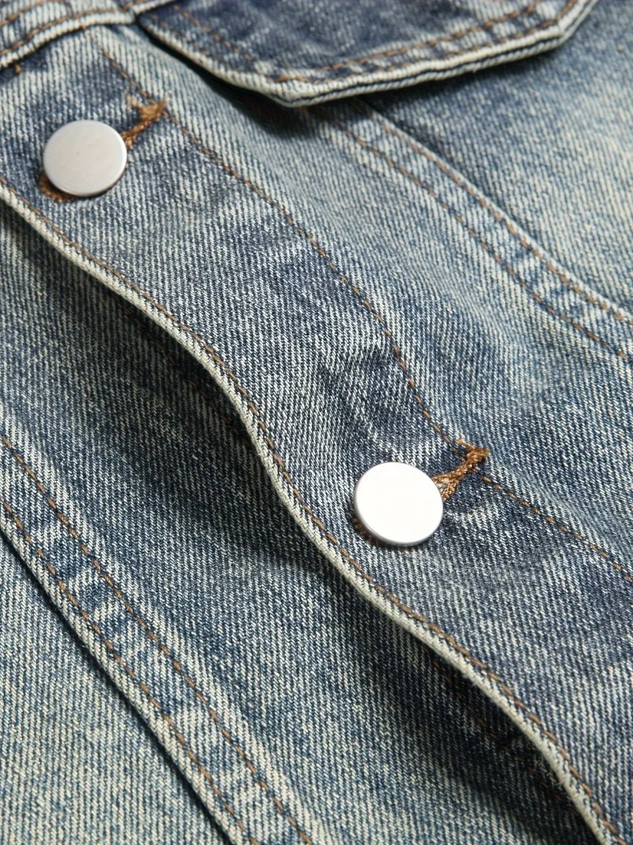 Veste sans manches en denim délavé bleu pour homme avec boutons et poches - Imagen 9