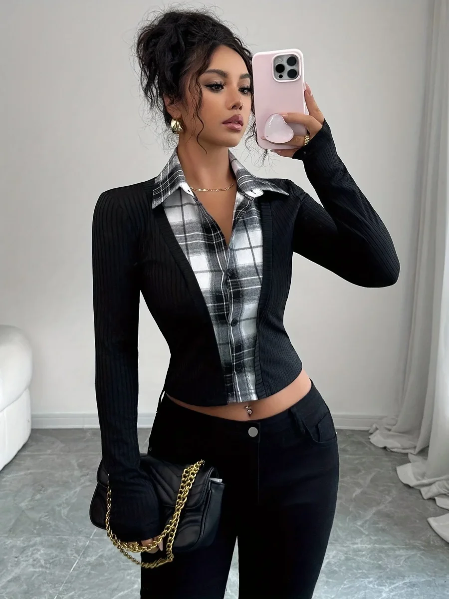 Haut femme effet superposé côtelé et carreaux noir et blanc - Imagen 5