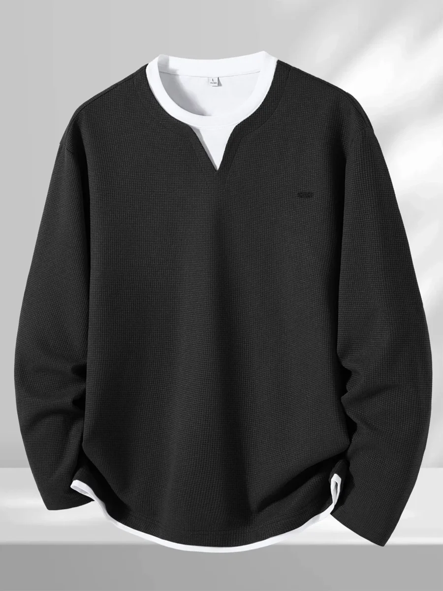 Pull Homme Maille Gaufre Bicolore Col V Manches Longues Gris - Imagen 3