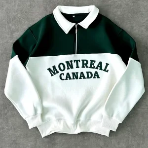 Sweatshirt Polo Bicolore Homme avec Fermeture Éclair Courte et Inscription "MONTREAL CANADA"