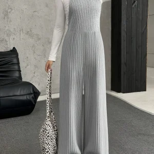 Salopette Femme ample côtelée gris clair à bretelles avec boucle
