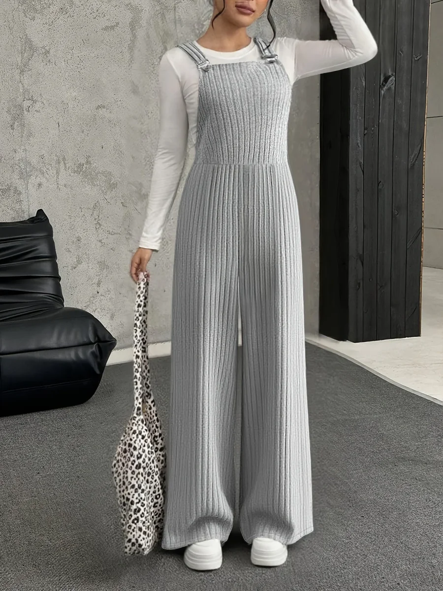 Salopette Femme ample côtelée gris clair à bretelles avec boucle - Imagen 2