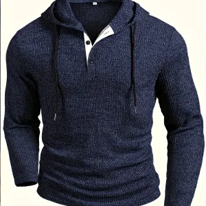 Pull à Capuche Homme en Maille Texturée Bleu Marine Style Henley