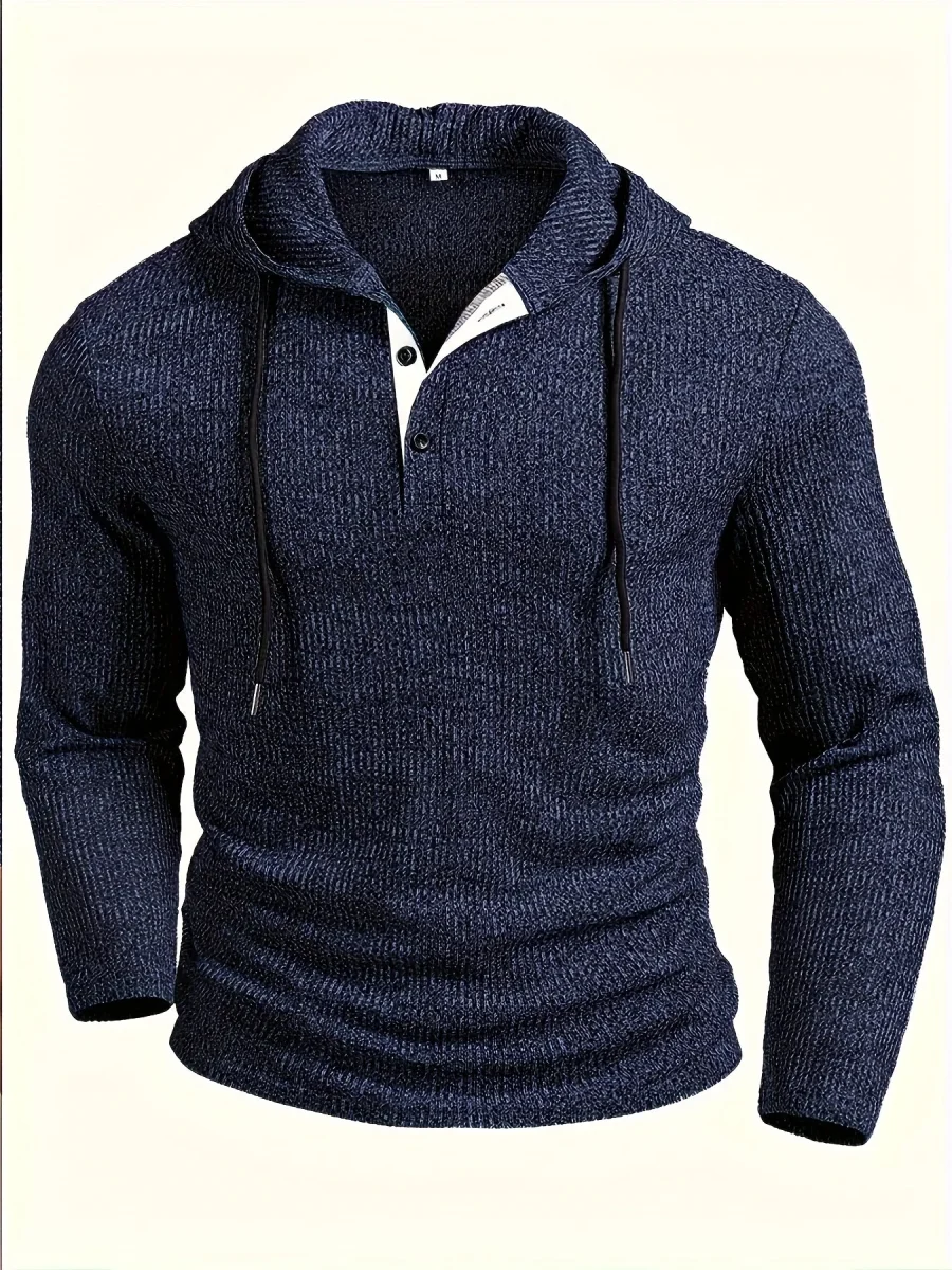 Pull à Capuche Homme en Maille Texturée Bleu Marine Style Henley - Imagen 2