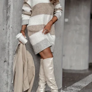 Robe Pull Femme Tricot Rayée Manches Longues Col Bateau
