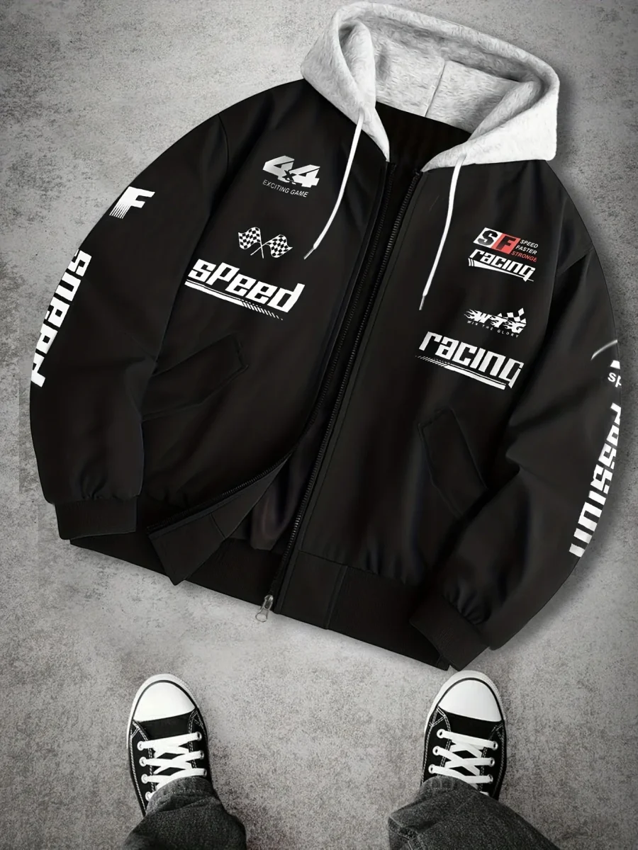 Blouson Bomber Homme Capuche Amovible Zippé avec Imprimés Racing Vert Clair - Imagen 5