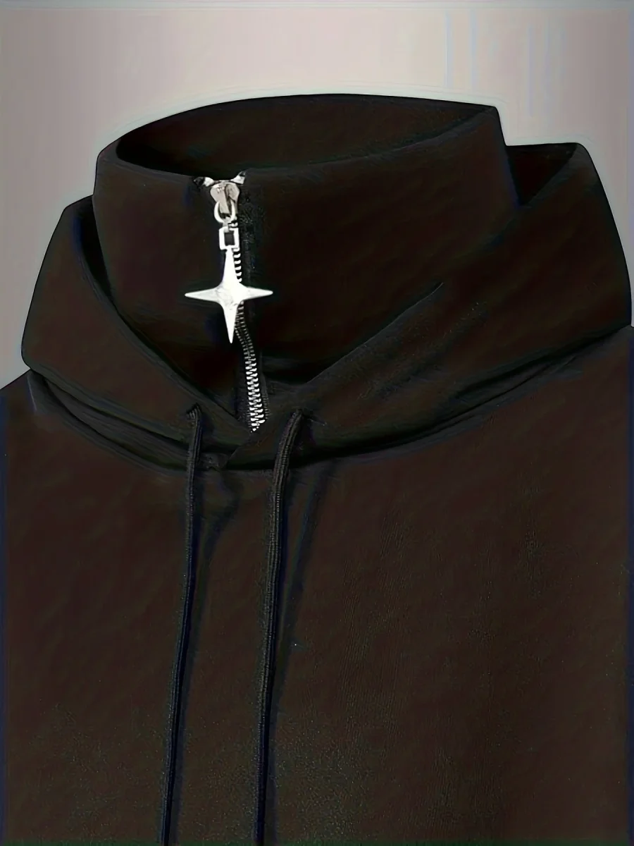 Sweat à capuche ample noir col montant zippé pendentif étoile - Imagen 4
