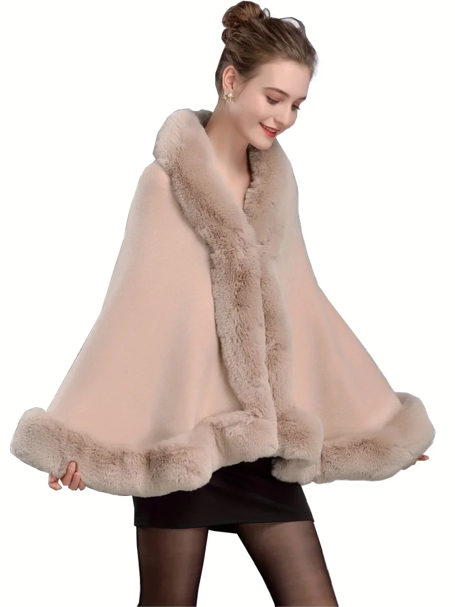 Cape poncho femme ample avec col et bordures en fausse fourrure pour hiver élégant - Imagen 7