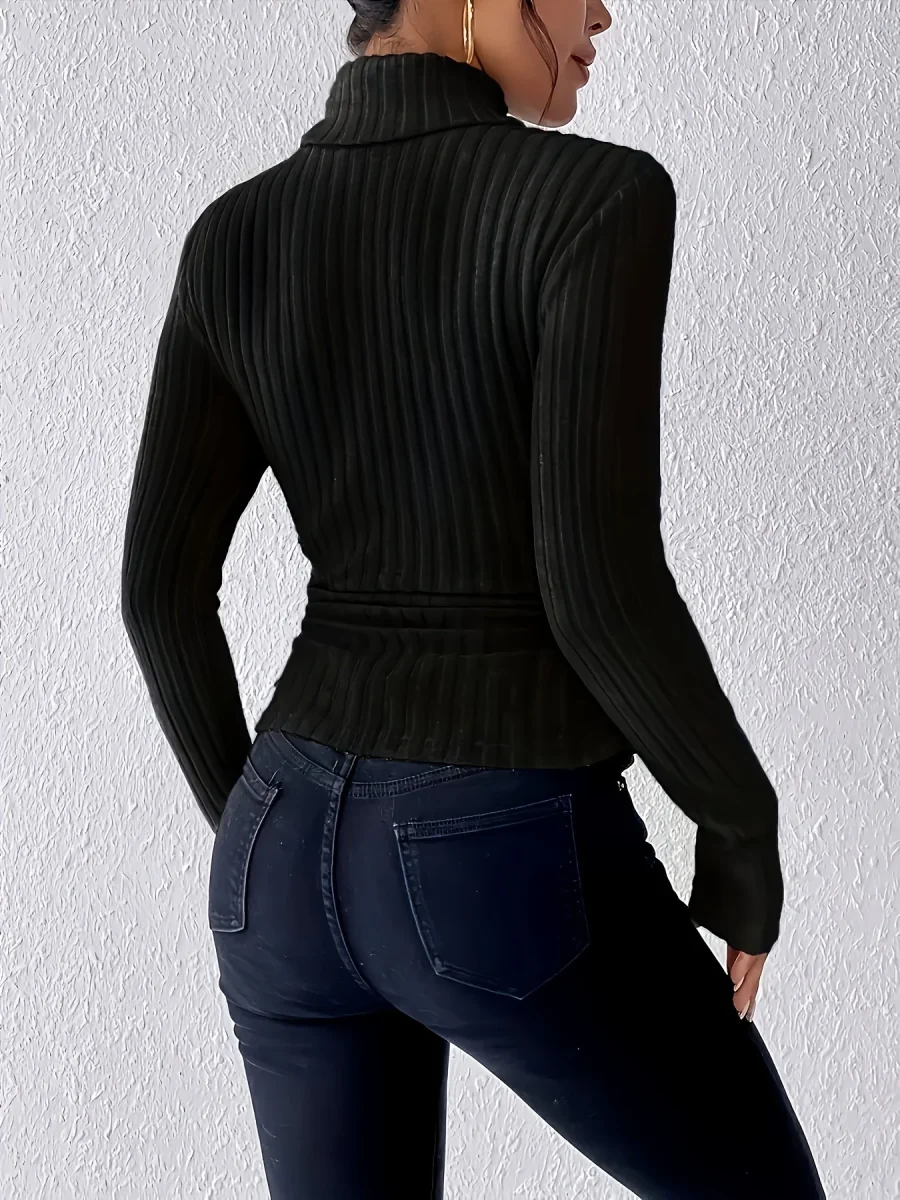 Haut côtelé à col montant pour femme, manches longues, ajusté, vert kaki, gris clair et beige - Imagen 4