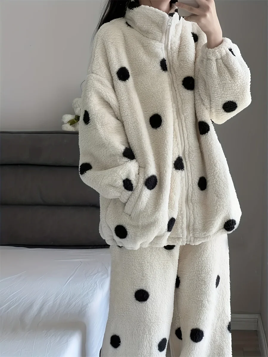 Pyjama Femme Doux Polaire Motif Pois Manches Longues Zip Intégral - Imagen 8