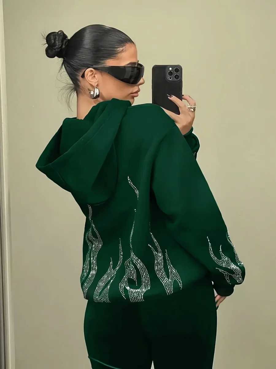 Sweat à Capuche Femme Décontracté Noir Flammé Strass Manches Longues - Imagen 4