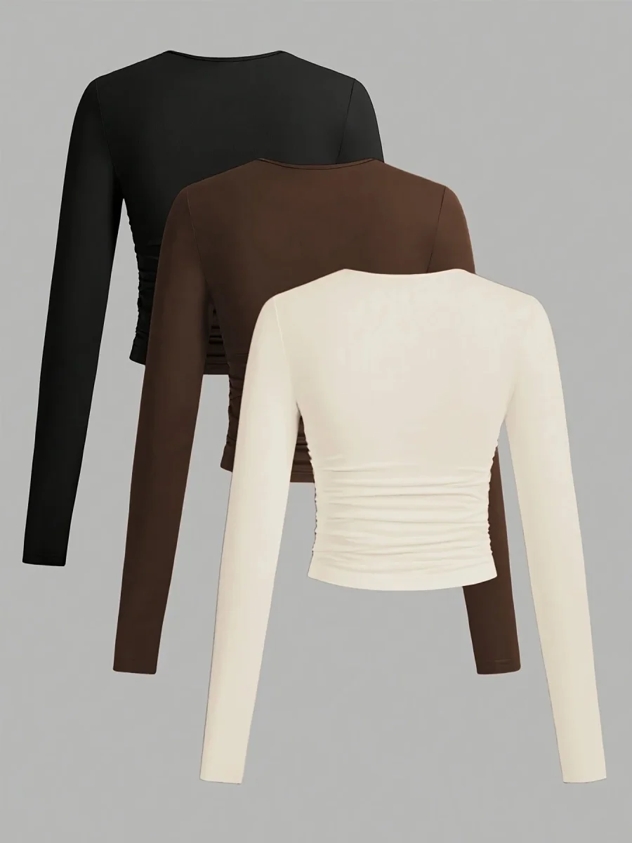 Lot de 3 Crop Tops Femme Manches Longues Col Rond Froncé - Imagen 6