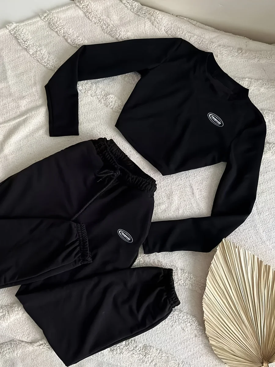 Ensemble Crop Top Manches Longues et Pantalon de Jogging Noir pour Femme, avec Cordon de Serrage - Imagen 3
