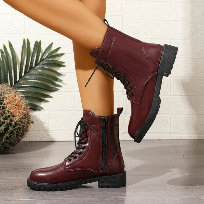 Bottes chelsea femme bordeaux à lacets et fermeture éclair latérale, semelle épaisse - Imagen 2