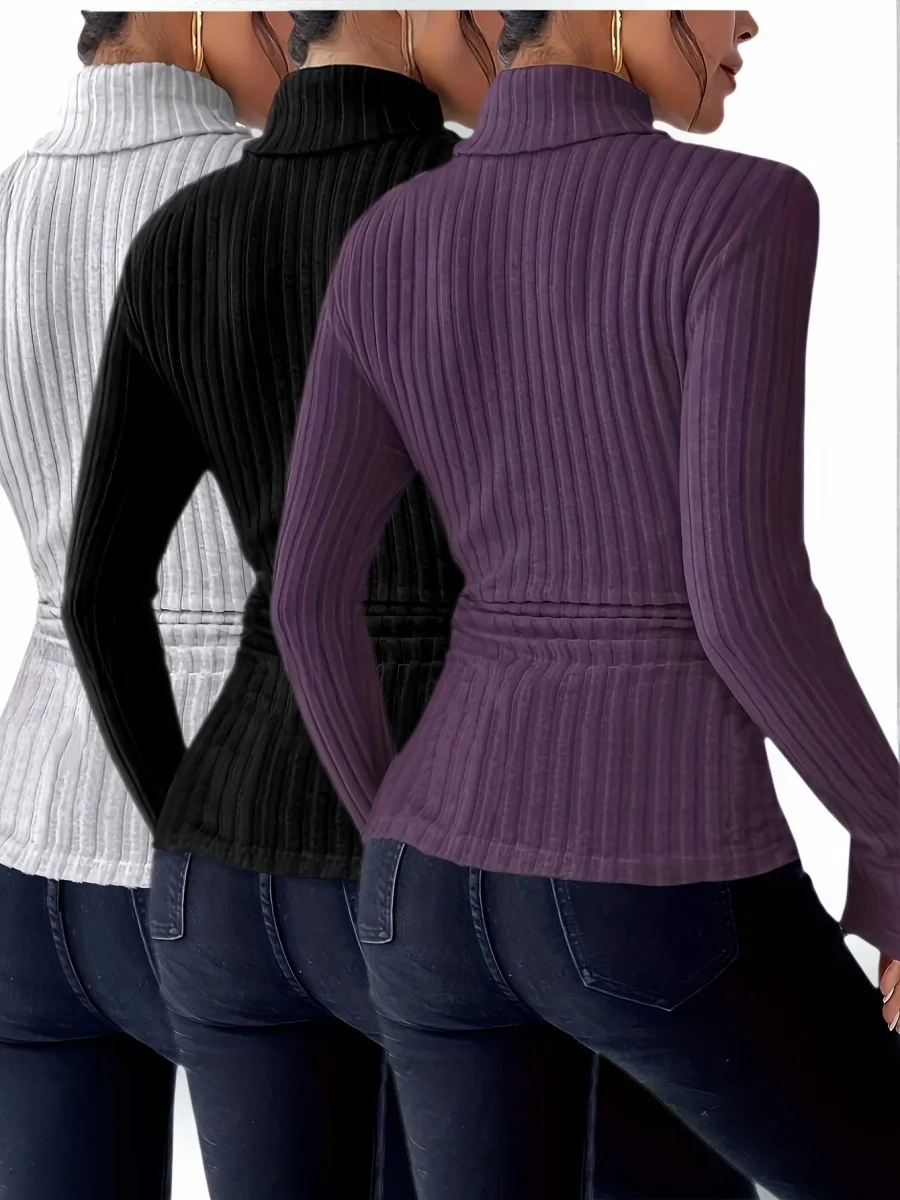 T-shirt Femme Col Montant Nervuré Manches Longues Noir - Imagen 5