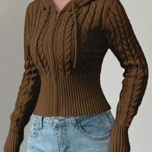 Sweat à capuche Femme tricoté torsadé court avec zip et cordon de serrage
