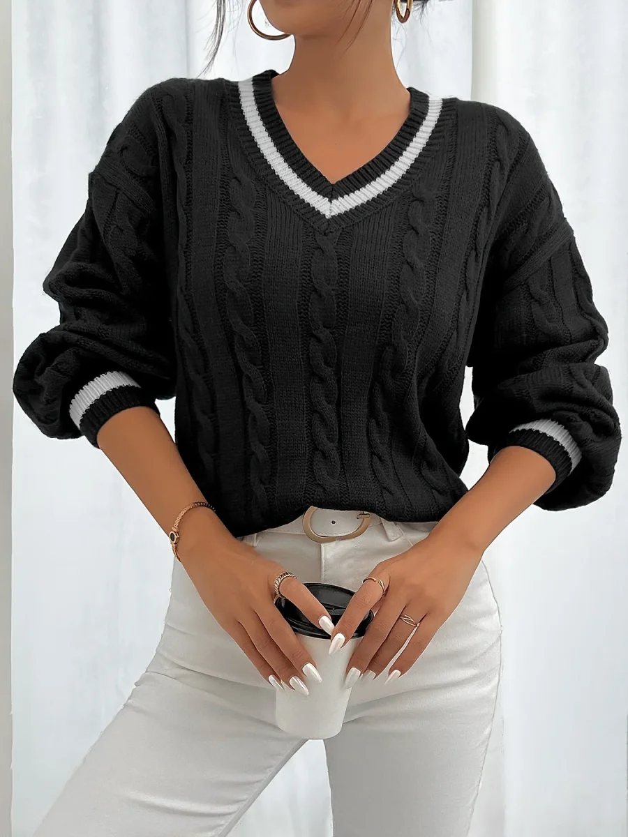 Pull col V torsadé rayé pour femme - Manches longues bouffantes - Imagen 2