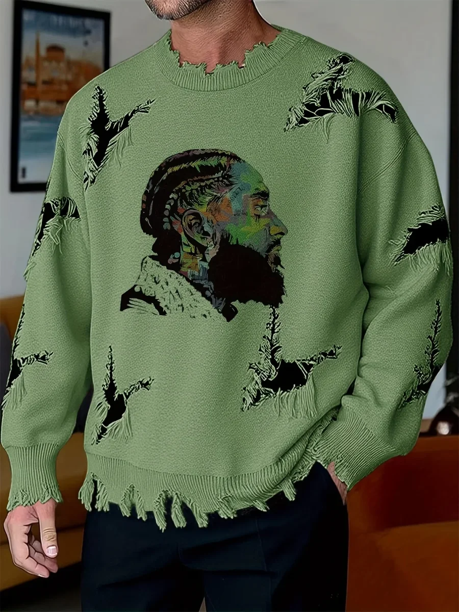 Pull homme décontracté beige à col rond avec motif visage coloré et détails déchirés - Imagen 3