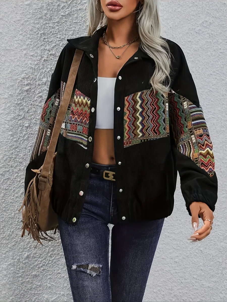 Veste bombardier femme noire en velours côtelé avec empiècements à motifs ethniques colorés - Imagen 6