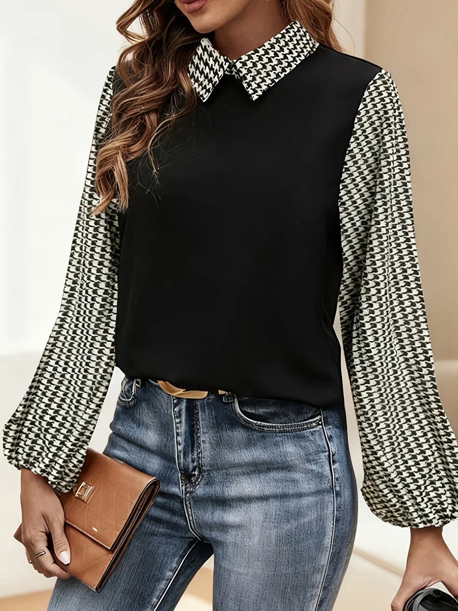 Blouse Femme Noir et Blanc Motif Pied-de-poule Manches Longues - Imagen 6