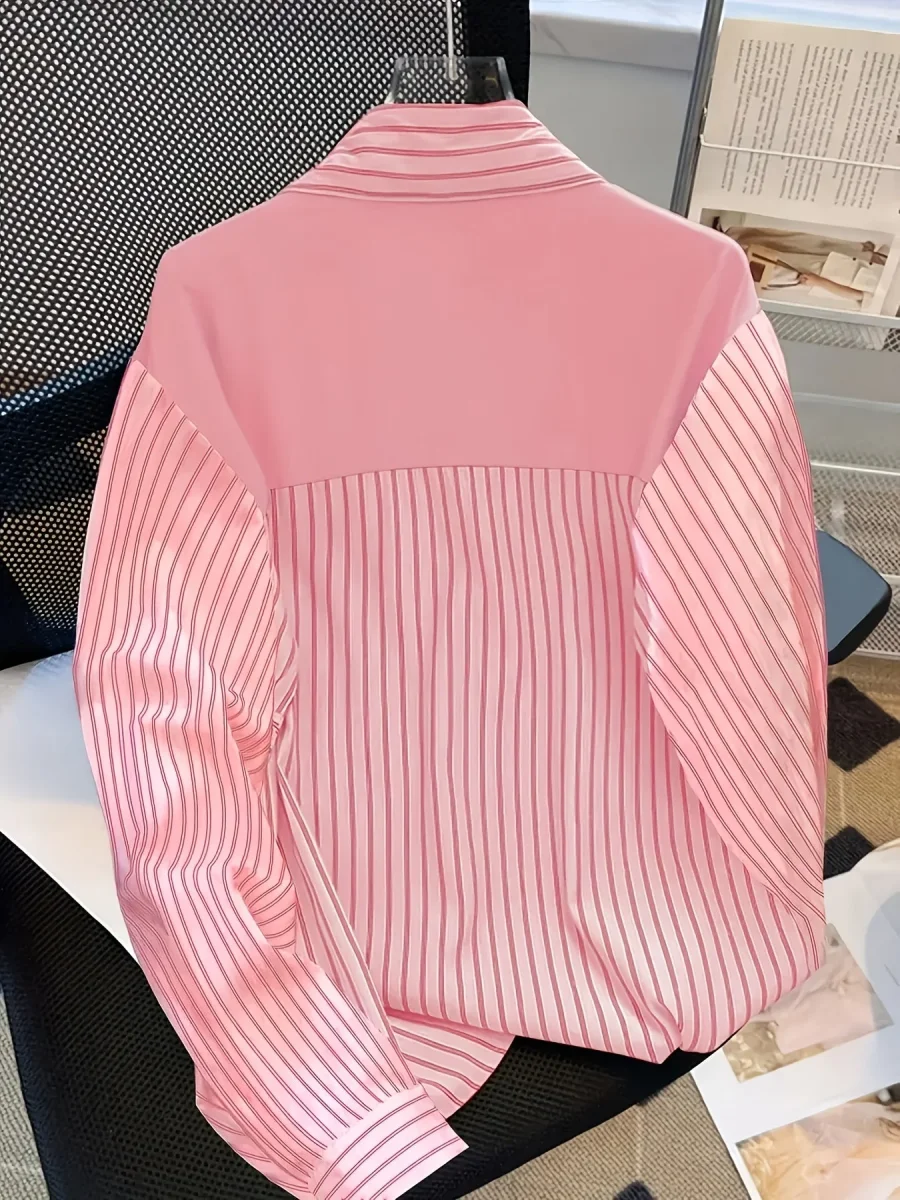 Chemise rayée femme à manches longues avec fausse écharpe nouée devant - Imagen 9