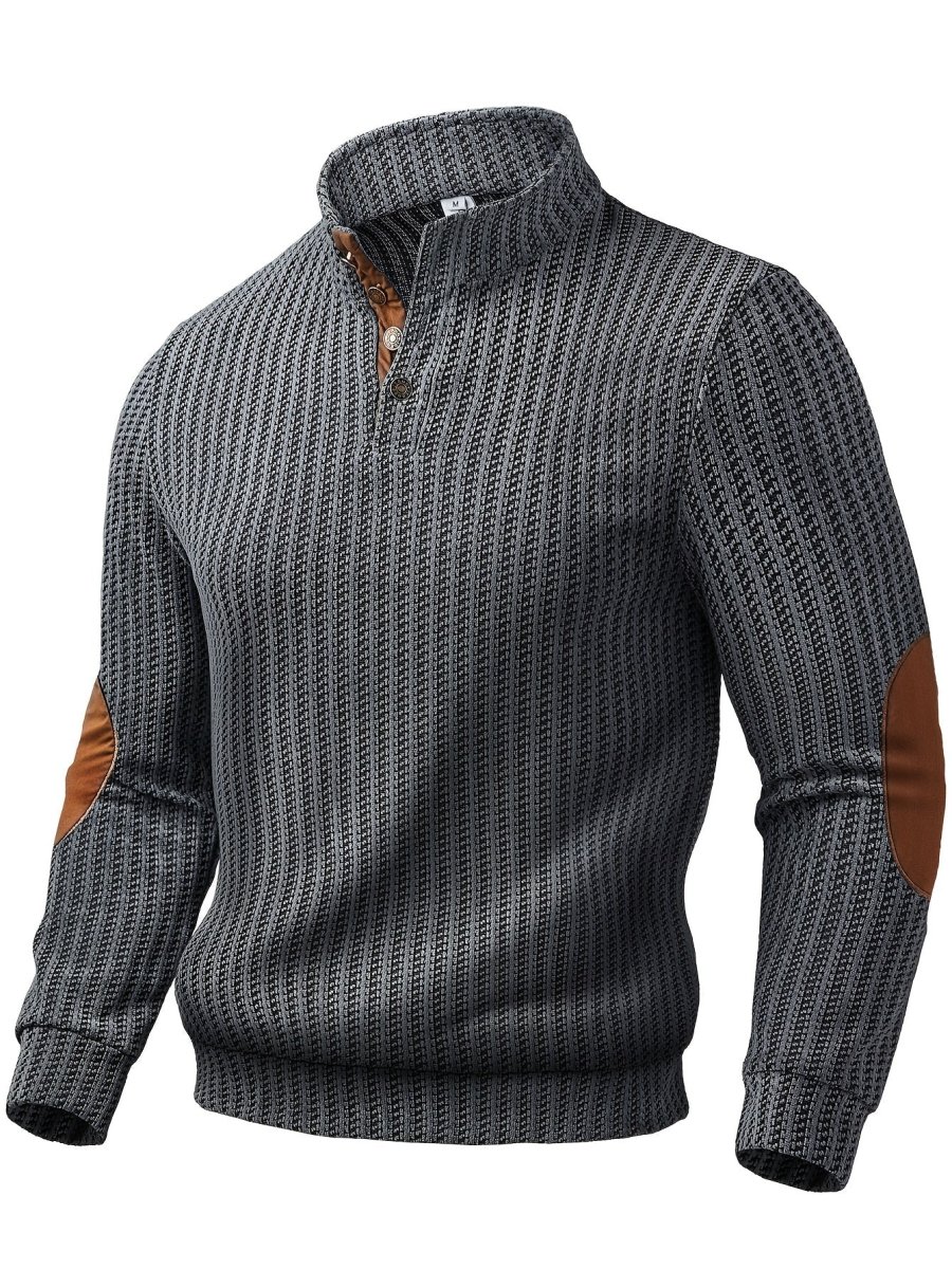 Pull homme à col montant boutonnable, motif tissé et empiècements aux coudes - Imagen 6