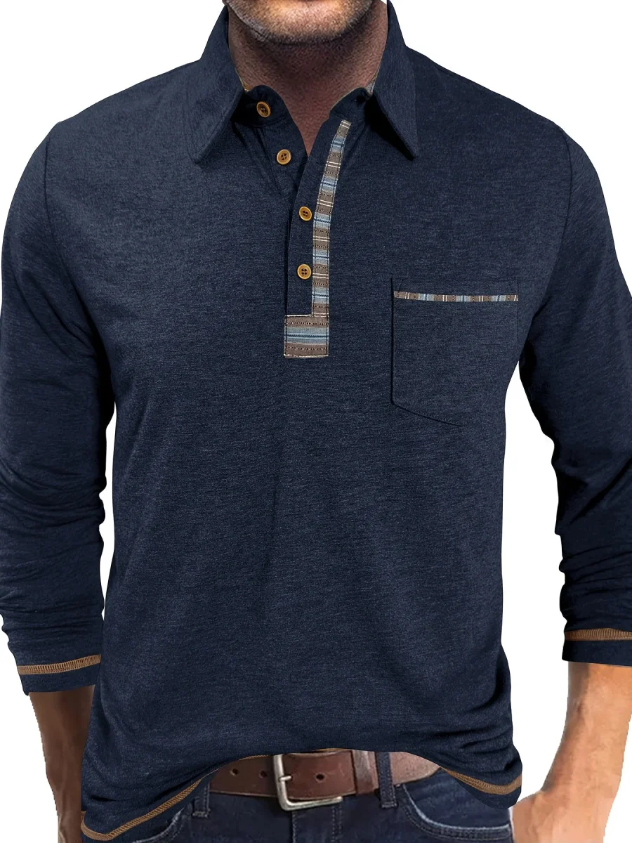 Polo Homme Manches Longues Détails Ethniques Boutons Beige - Imagen 5