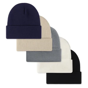 Lot de 5 Bonnets en Maille Côtelée avec Revers – Couleurs Assorties ou Unies