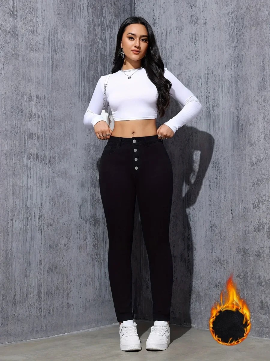 Jean Skinny Femme Noir Taille Haute à Boutons Doublé Chaud - Imagen 5