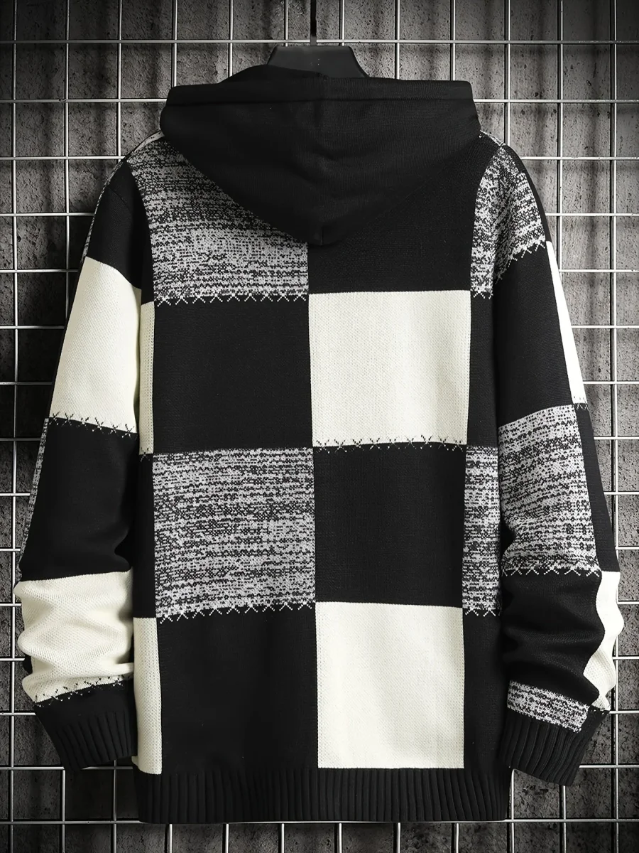 Sweat à Capuche Homme Motif Carreaux Bicolore Maille Décontracté - Imagen 4
