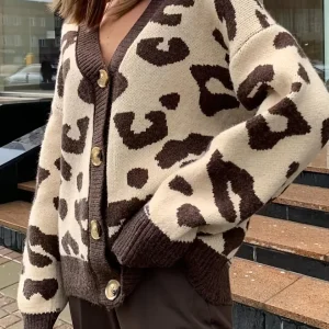Gilet Femme Léopard Crème et Marron Col V Boutons