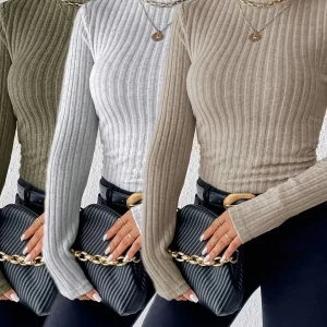 Haut côtelé à col montant pour femme, manches longues, ajusté, vert kaki, gris clair et beige