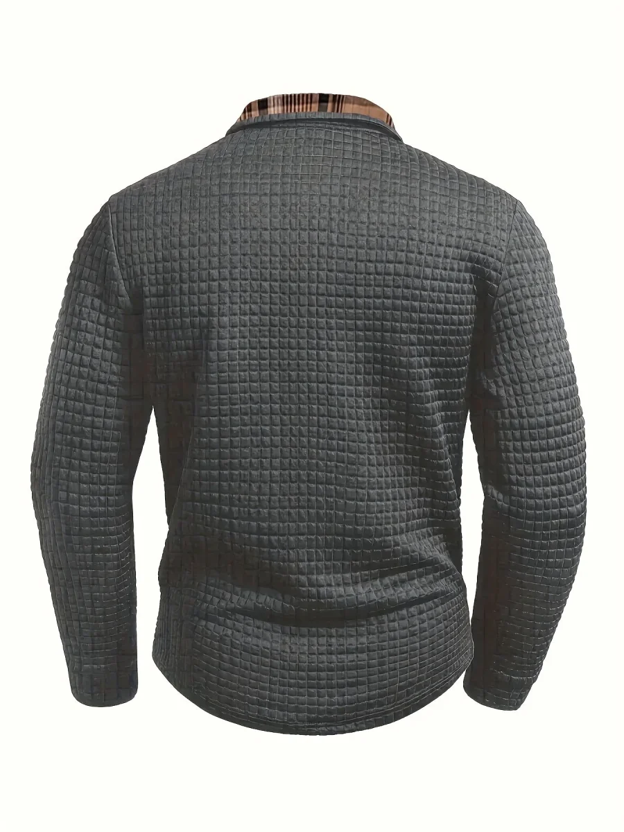 Polo homme à manches longues texturé motif gaufré avec col et poche à carreaux - Imagen 7