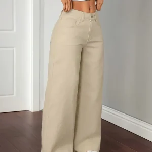 Pantalon large femme couleur écru taille haute décontracté