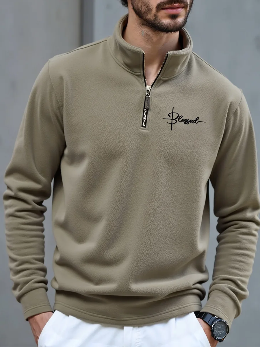 Pulls Homme Col Montant Zippé Polaire Coupe Droite Bicolore Beige Kaki et Noir Imprimé Graphique - Imagen 4