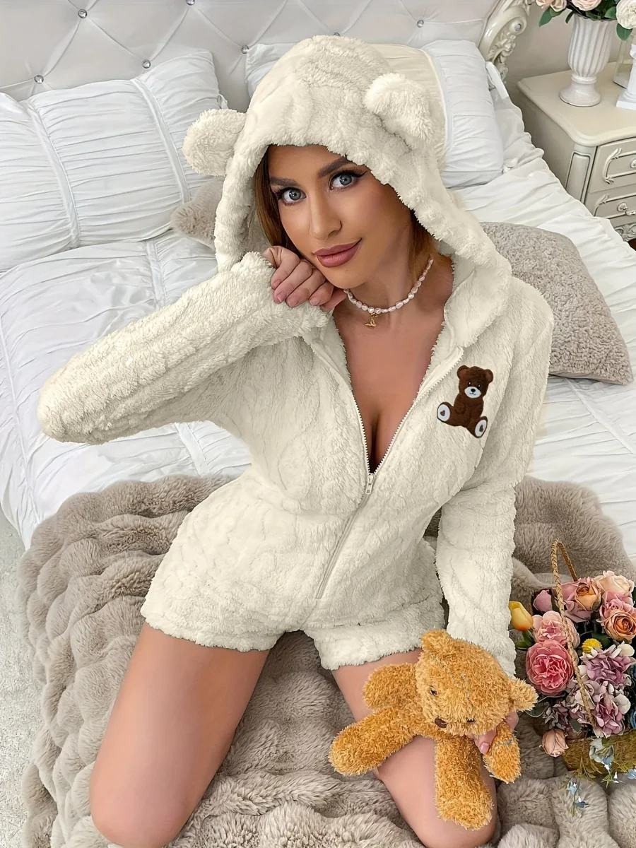 Grenouillère Peluche Femme à Capuche Ours Polaire Crème avec Broderie Ours Marron - Imagen 6