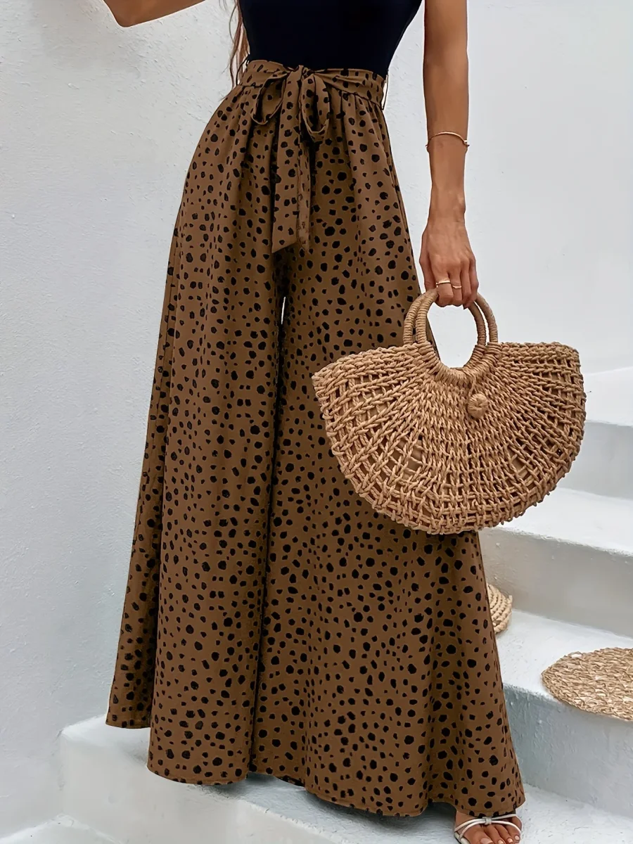 Pantalon large à pois femme style élégant pour printemps/été avec ceinture nouée - Imagen 7