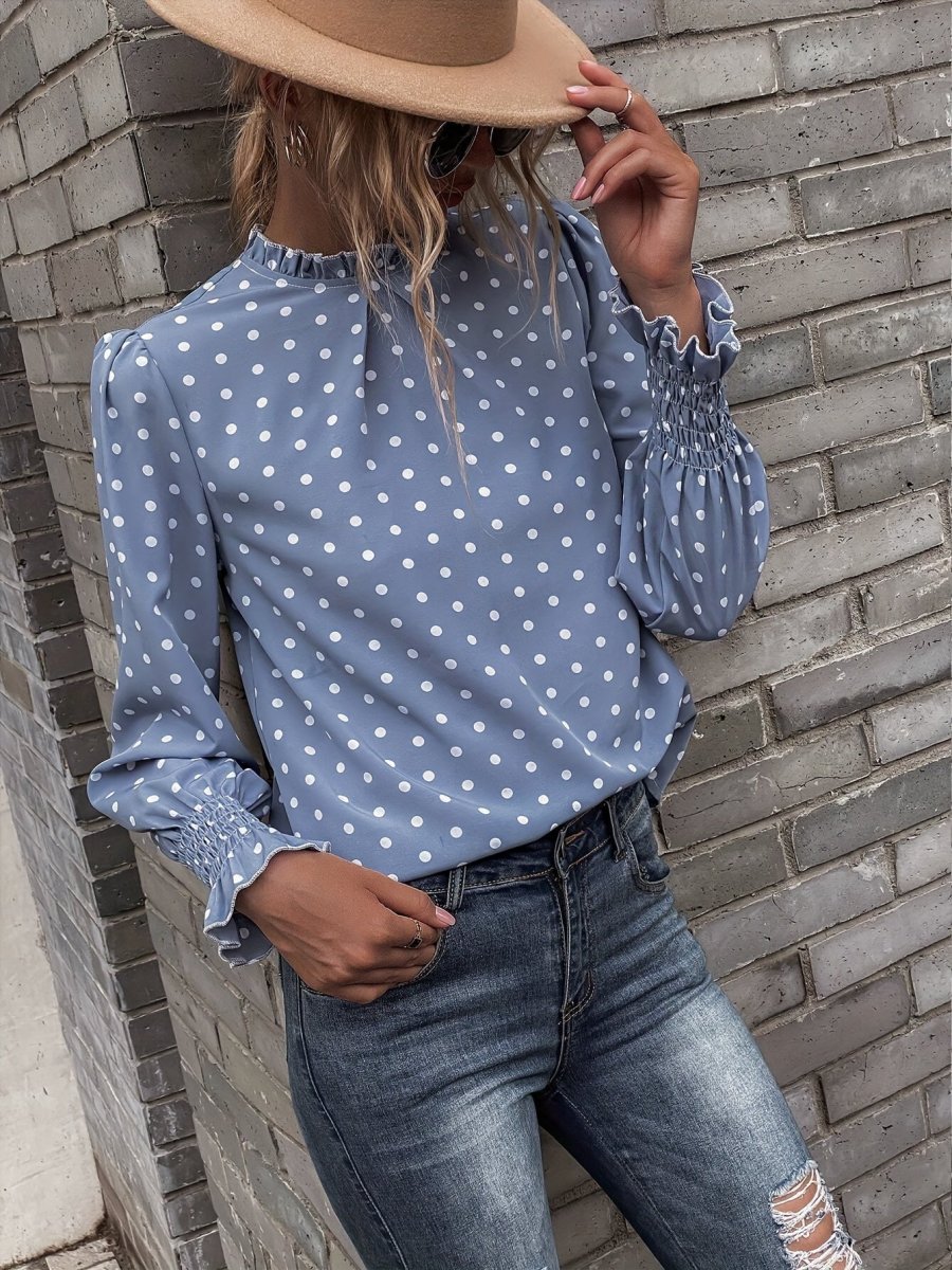 Chemisier Femme à Pois Col Montant Manches Longues Bleue - Imagen 2