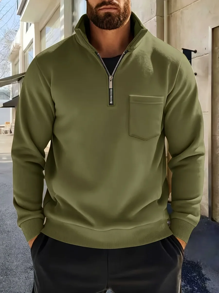 Sweat-shirt Homme Col Montant Zippé avec Poche Poitrine Couleur Unie - Imagen 4