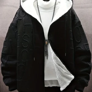 Veste à capuche doublée polaire Homme Noir motif texturé zippée